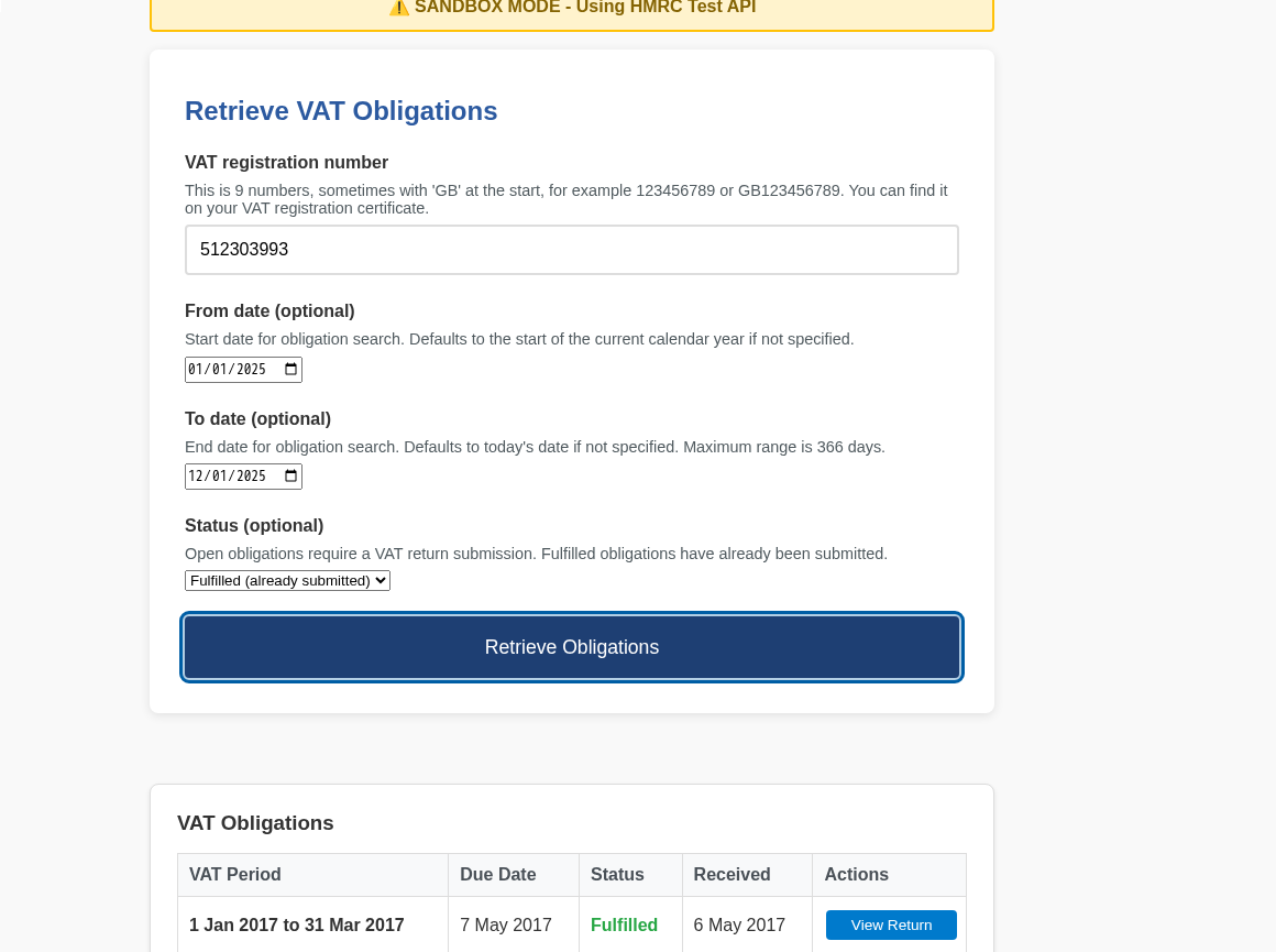 VAT obligations showing periods and due dates