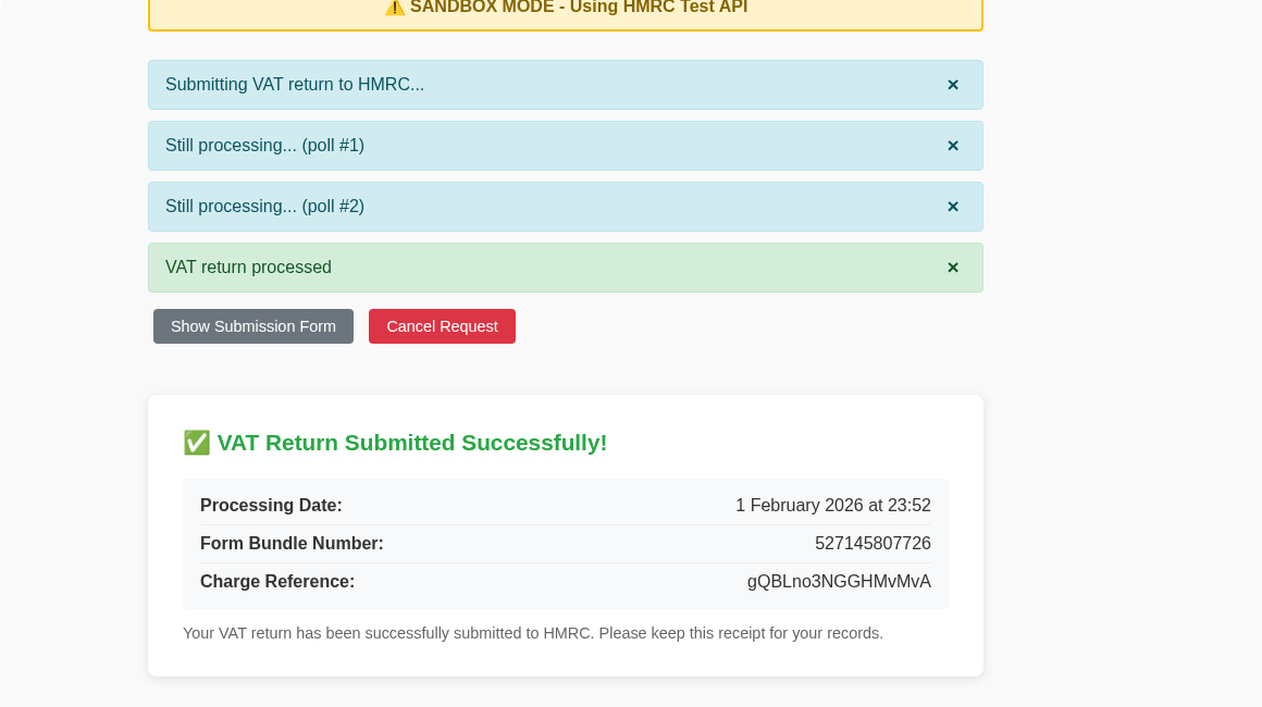 Successful submission receipt from HMRC