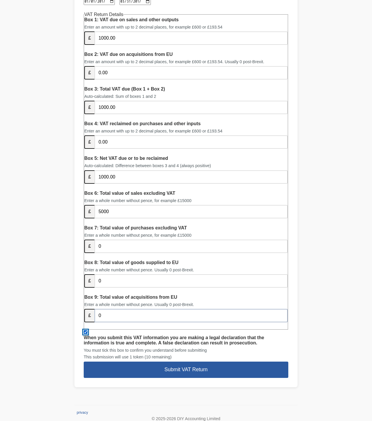 VAT return submission form showing all 9 boxes