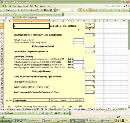 Corporation tax computation spreadsheet showing operating profit, capital allowances, and amount chargeable to corporation tax